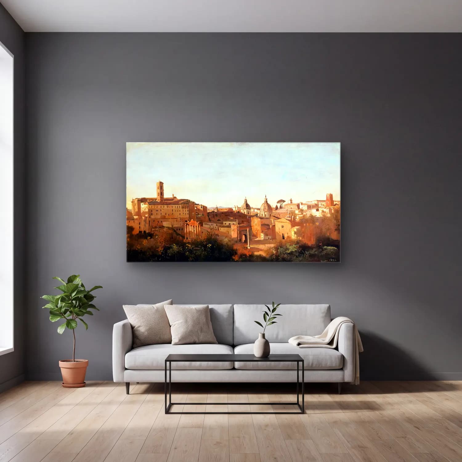Jean-Baptiste C. Corot – The Forum Seen from the Farnese Gardens cam tablo — gri duvarlı salonda