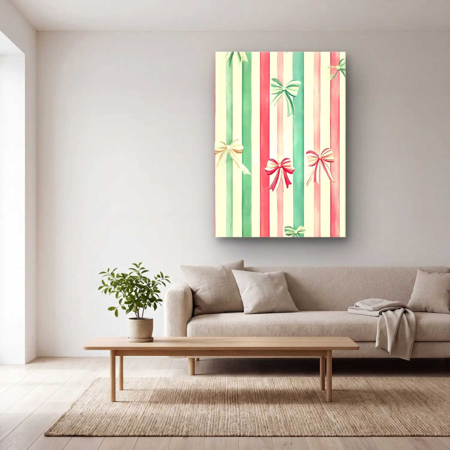 Pastel Fiyonk No. 35 cam tablo — açık renk salonda
