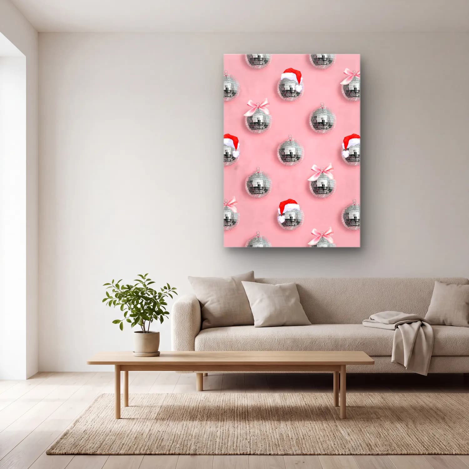 Pastel Yılbaşı Süsleri No. 41 cam tablo — açık renk salonda