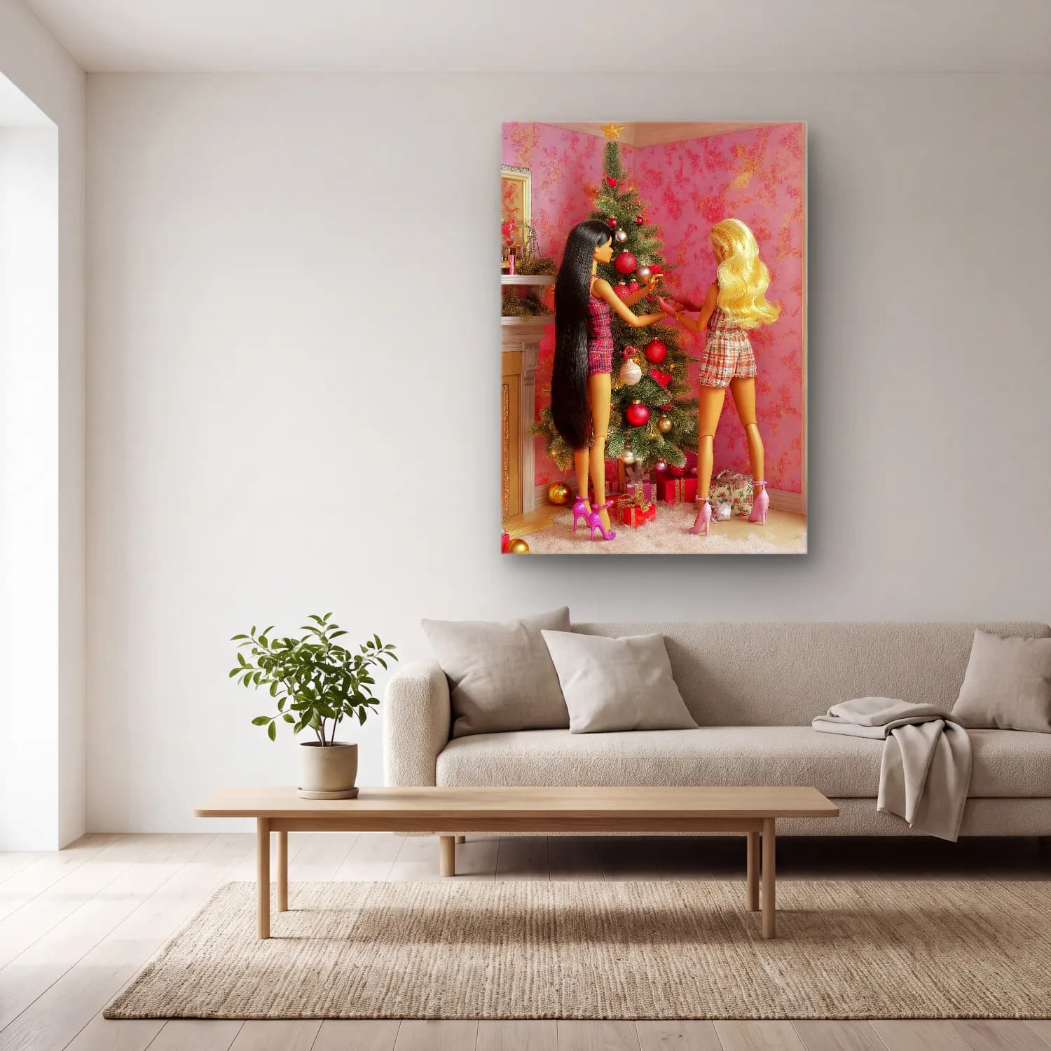 Pastel Yılbaşı Süsleri No. 42 cam tablo — açık renk salonda