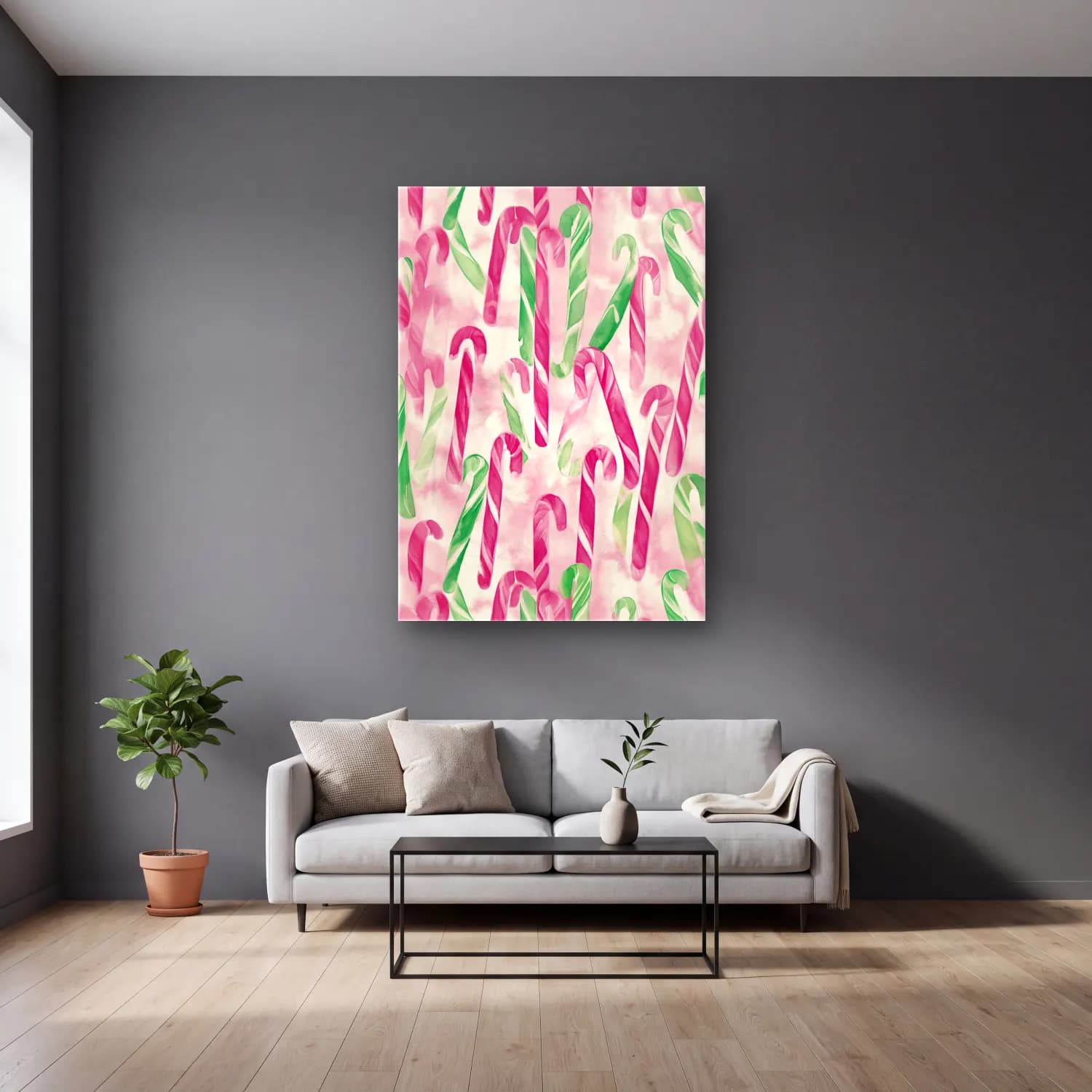 Pastel Yılbaşı Süsleri No. 43 cam tablo — gri duvarlı salonda