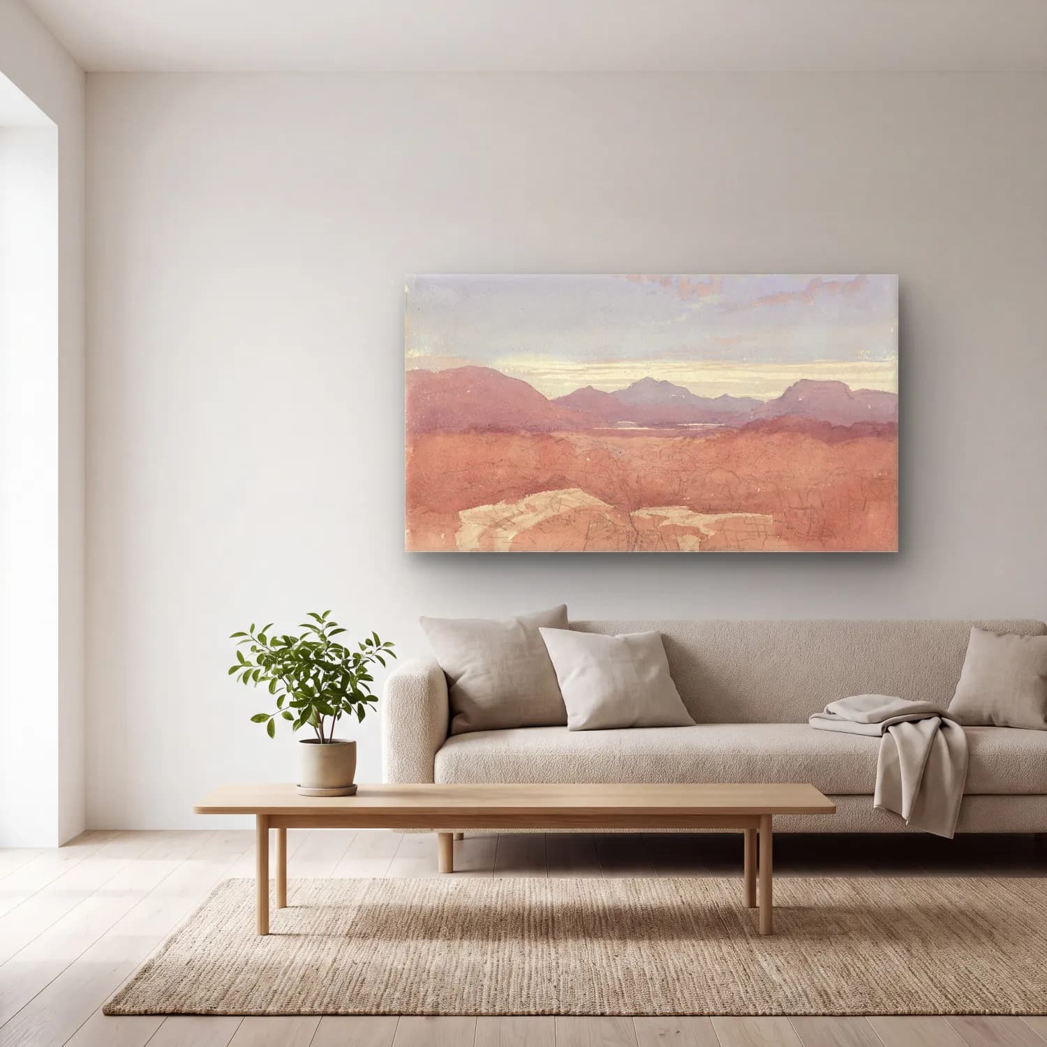 David Cox – A Mountainous View, North Wales cam tablo — açık renk salonda