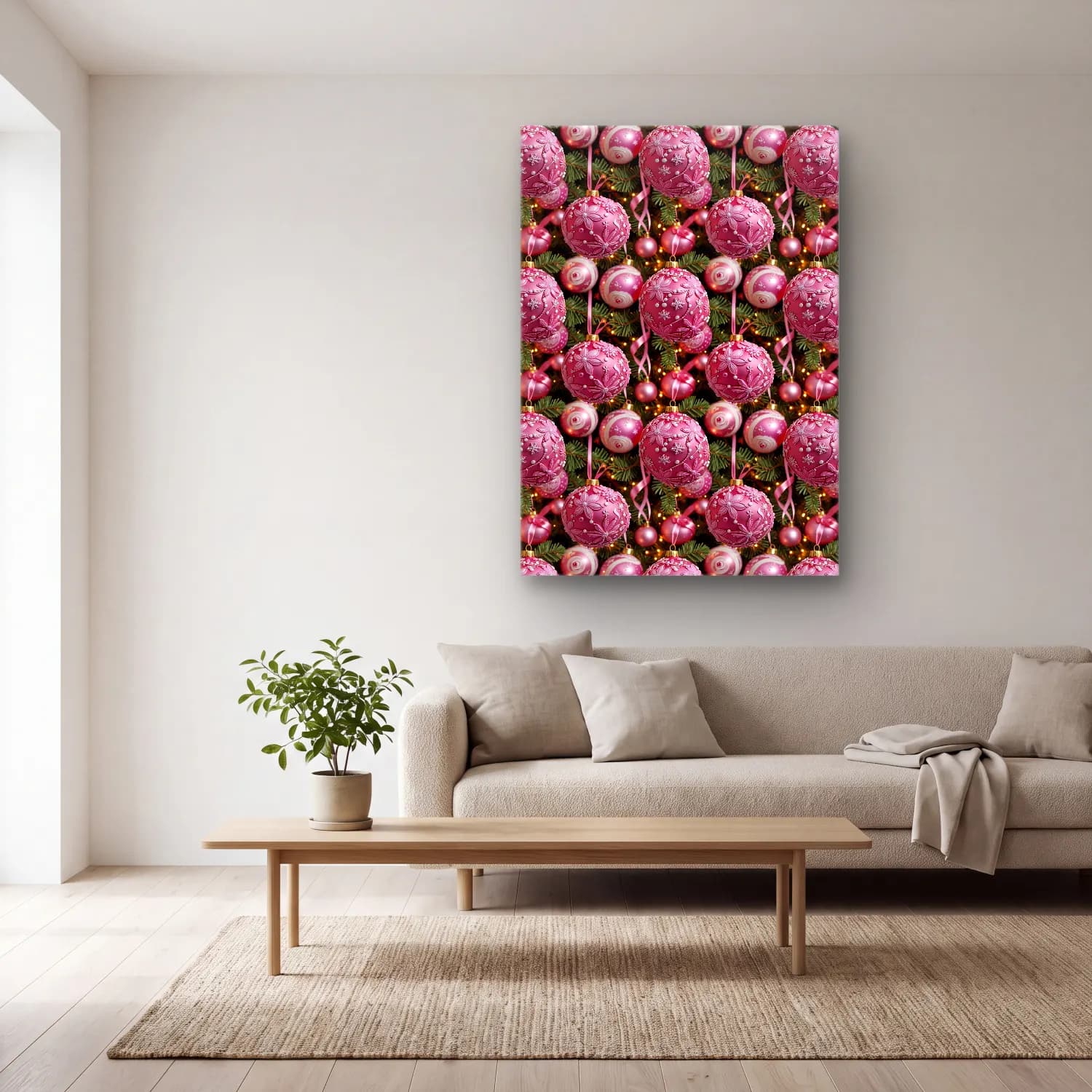 Pastel Yılbaşı Süsleri No. 44 cam tablo — açık renk salonda
