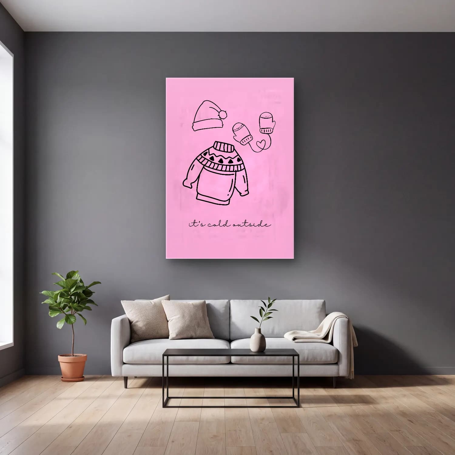 Pastel Kardan Adam – Pembe Tonlar cam tablo — gri duvarlı salonda
