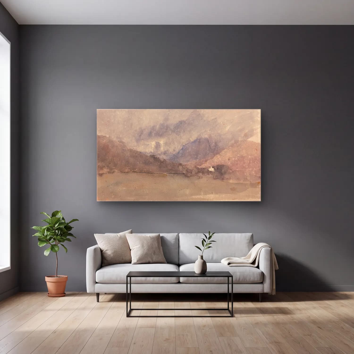 David Cox – Capel Curig, Caernarvonshire, Wales cam tablo — gri duvarlı salonda