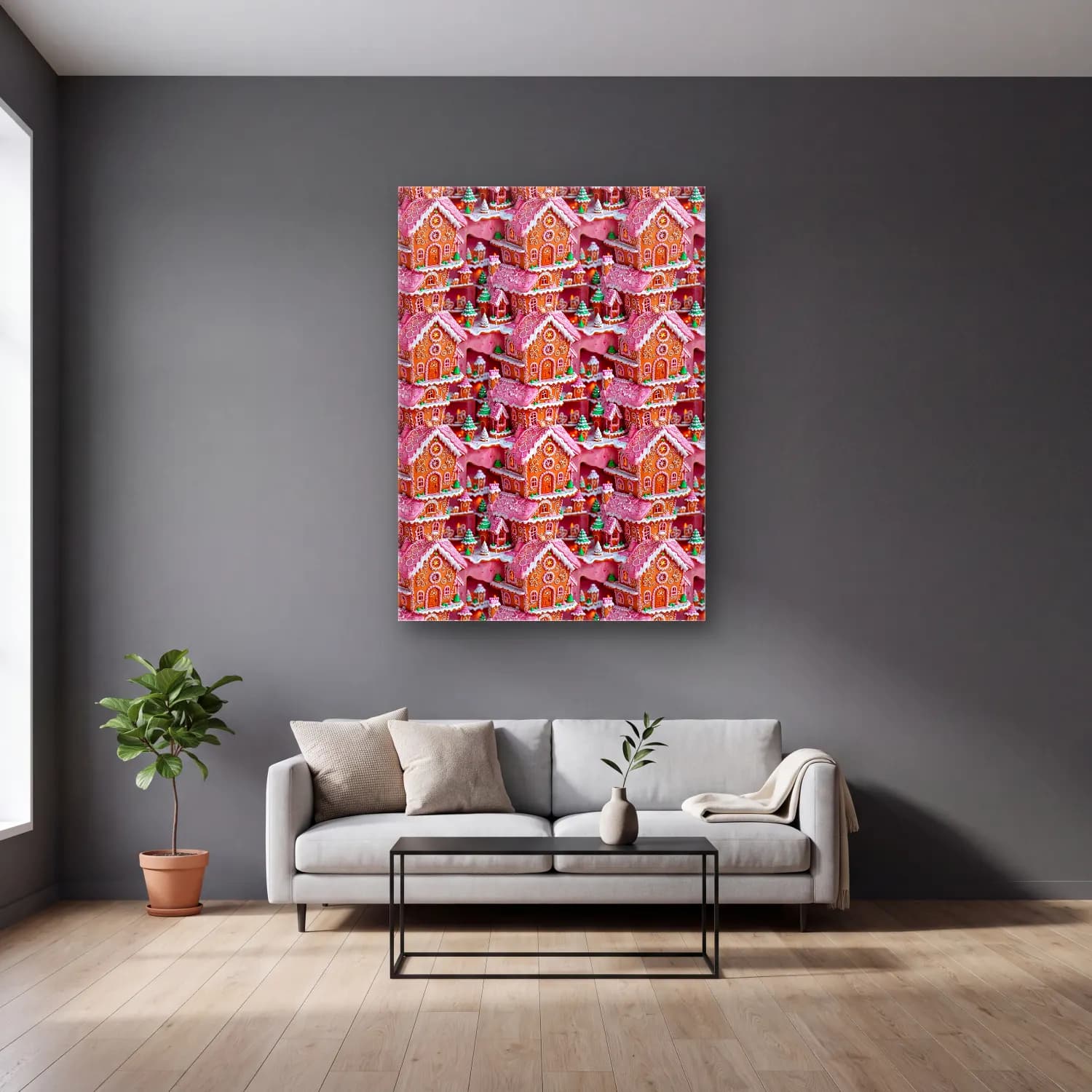 Pastel Yılbaşı Süsleri No. 46 cam tablo — gri duvarlı salonda