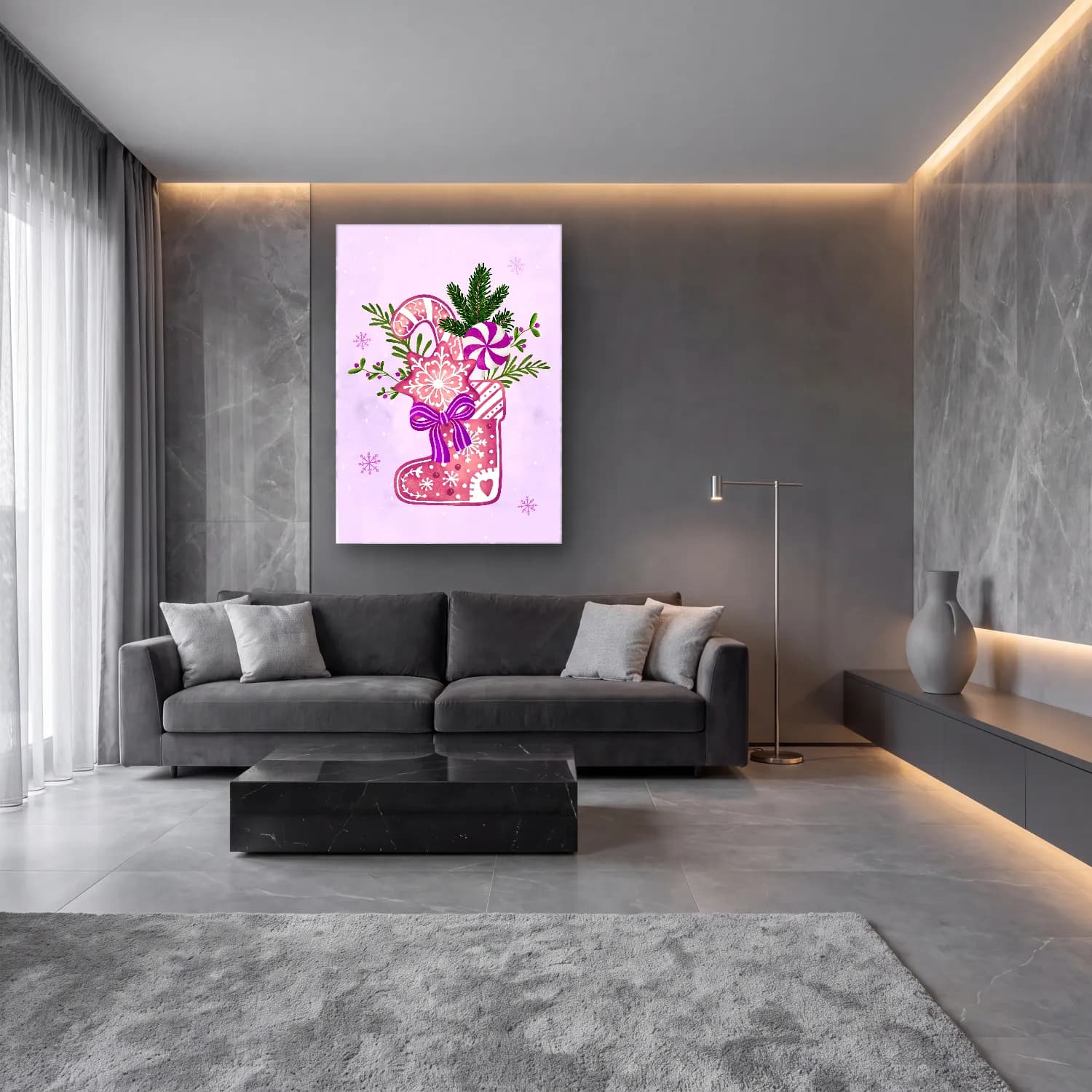 Pastel Yılbaşı Süsleri No. 47 cam tablo — lüks salon duvarında