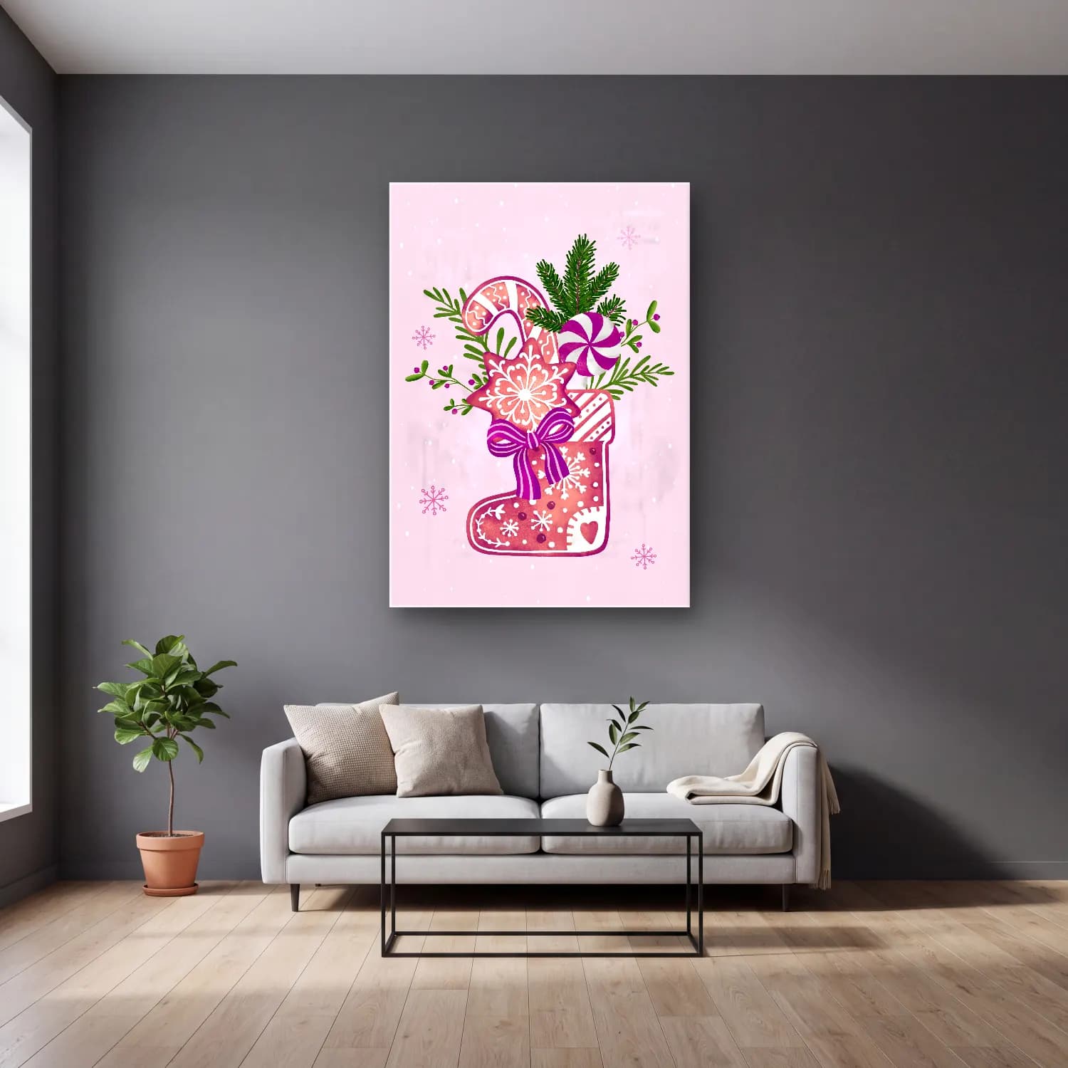 Pastel Yılbaşı Süsleri No. 47 cam tablo — gri duvarlı salonda