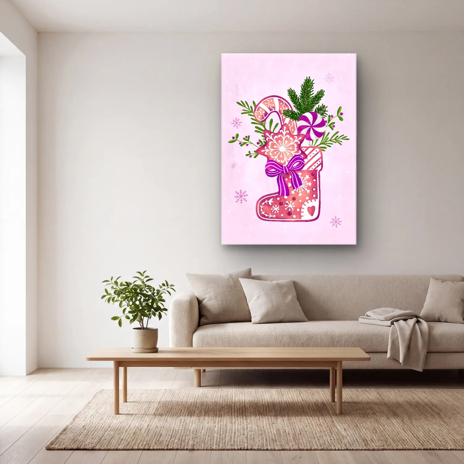 Pastel Yılbaşı Süsleri No. 47 cam tablo — açık renk salonda