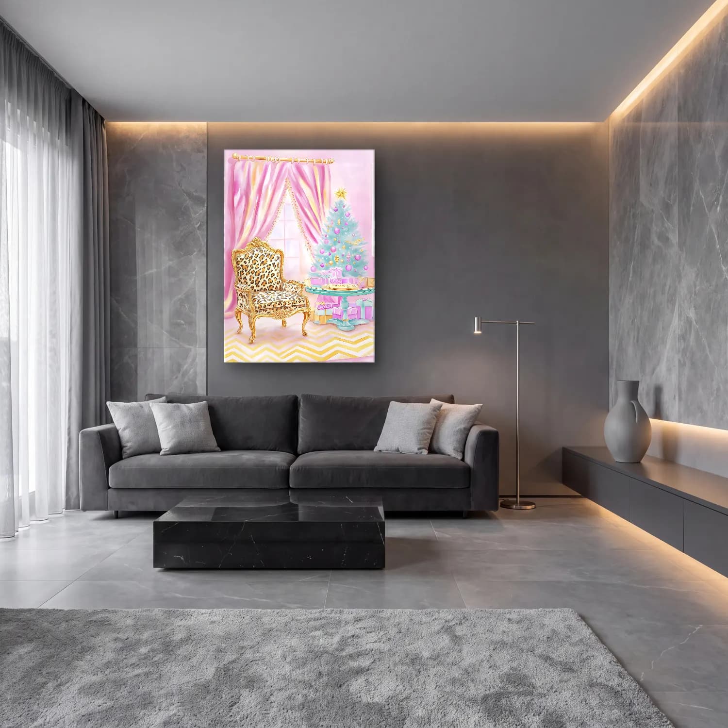 Pastel Yılbaşı Ağacı No. 36 cam tablo — lüks salon duvarında