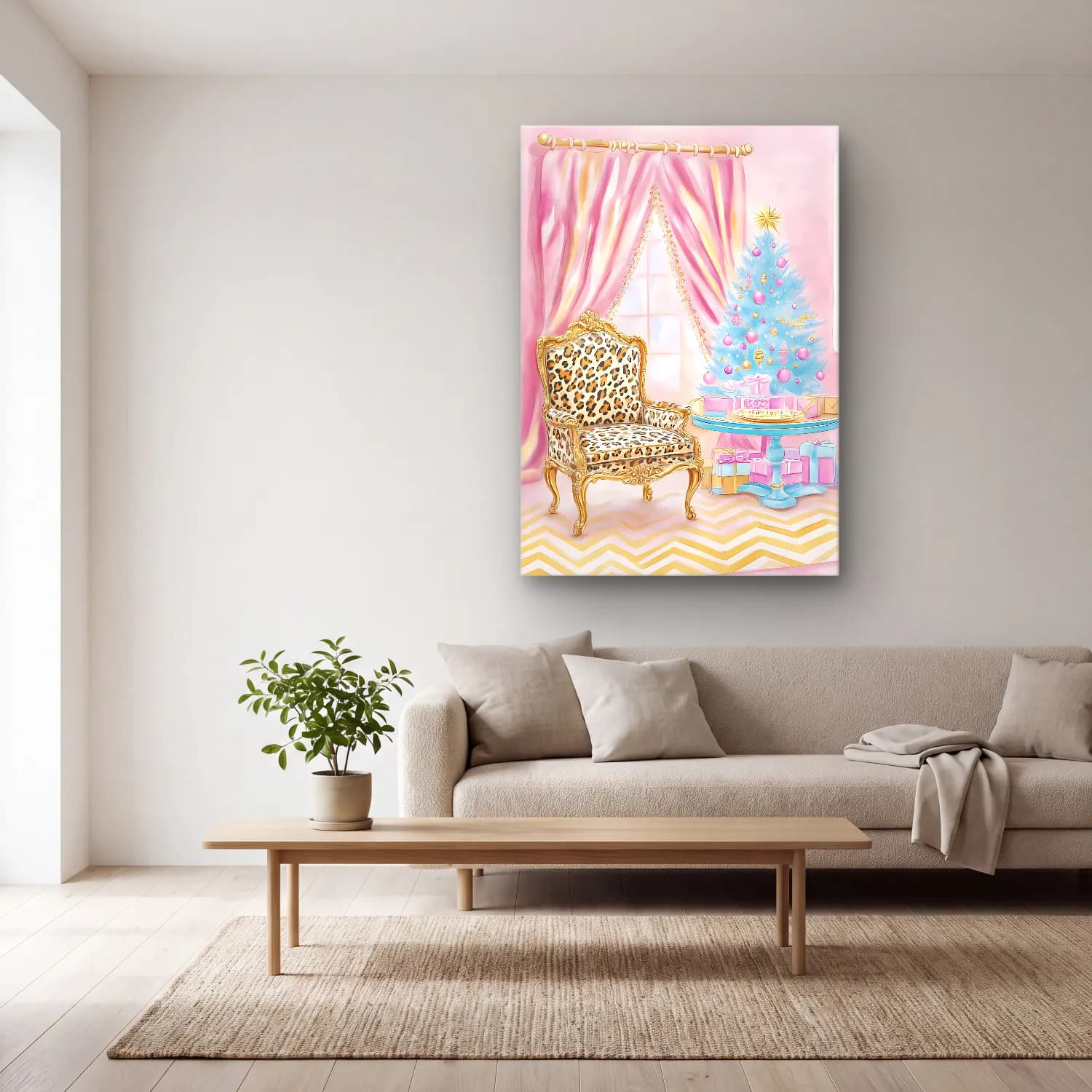 Pastel Yılbaşı Ağacı No. 36 cam tablo — açık renk salonda