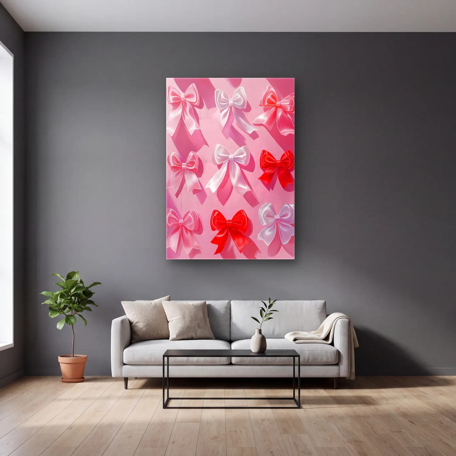 Pastel Fiyonk No. 36 cam tablo — gri duvarlı salonda