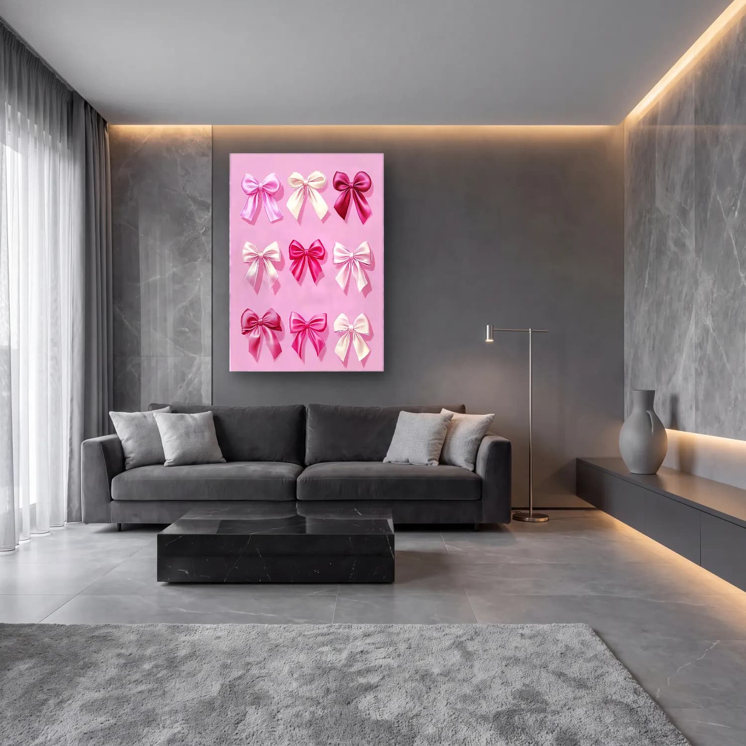 Pastel Fiyonk No. 37 cam tablo — lüks salon duvarında