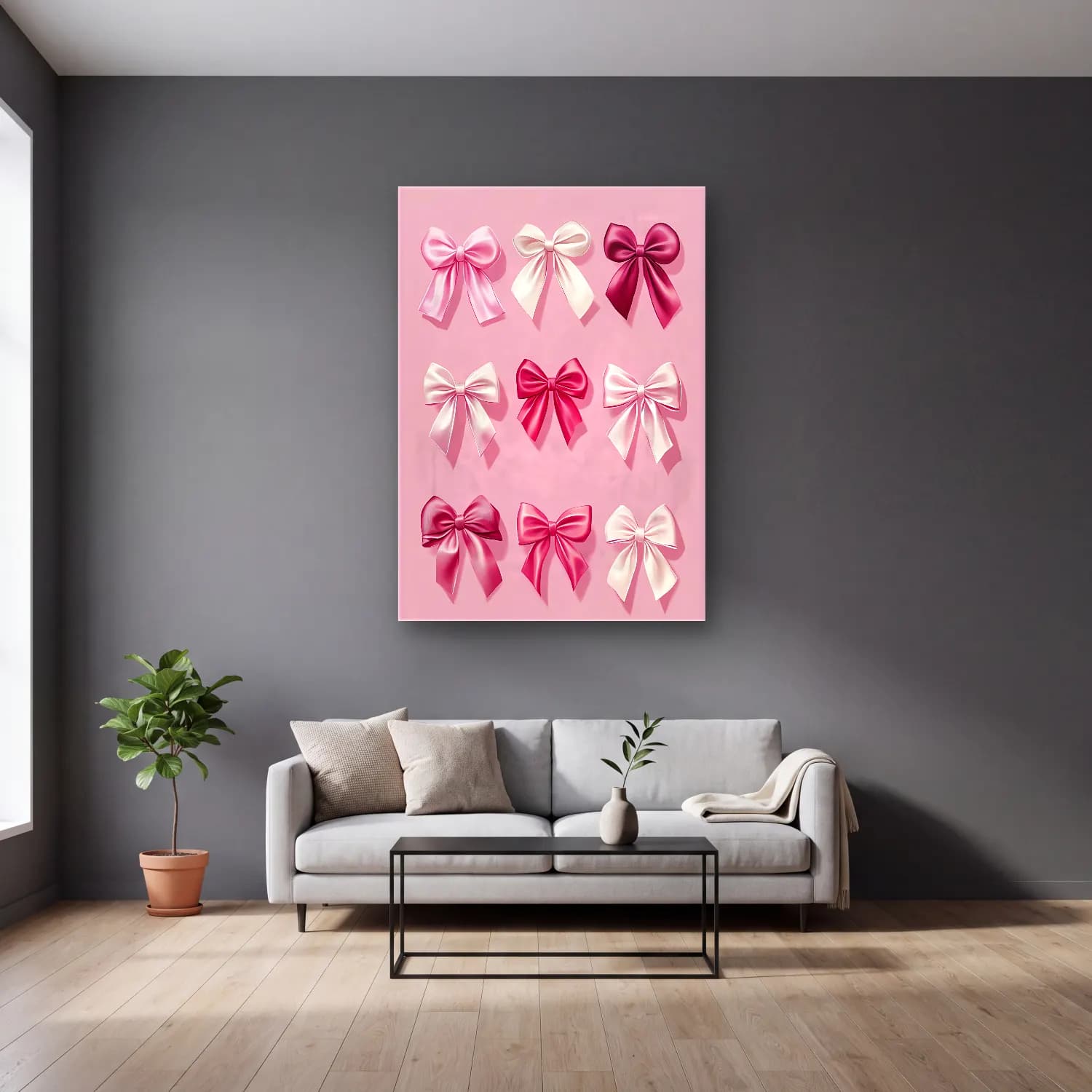 Pastel Fiyonk No. 37 cam tablo — gri duvarlı salonda