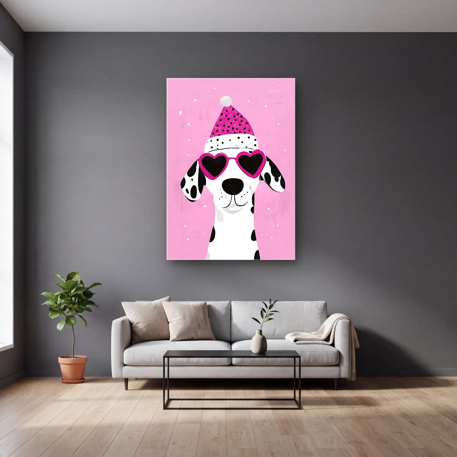 Sevimli İllüstrasyon Köpek No. 14 cam tablo — gri duvarlı salonda