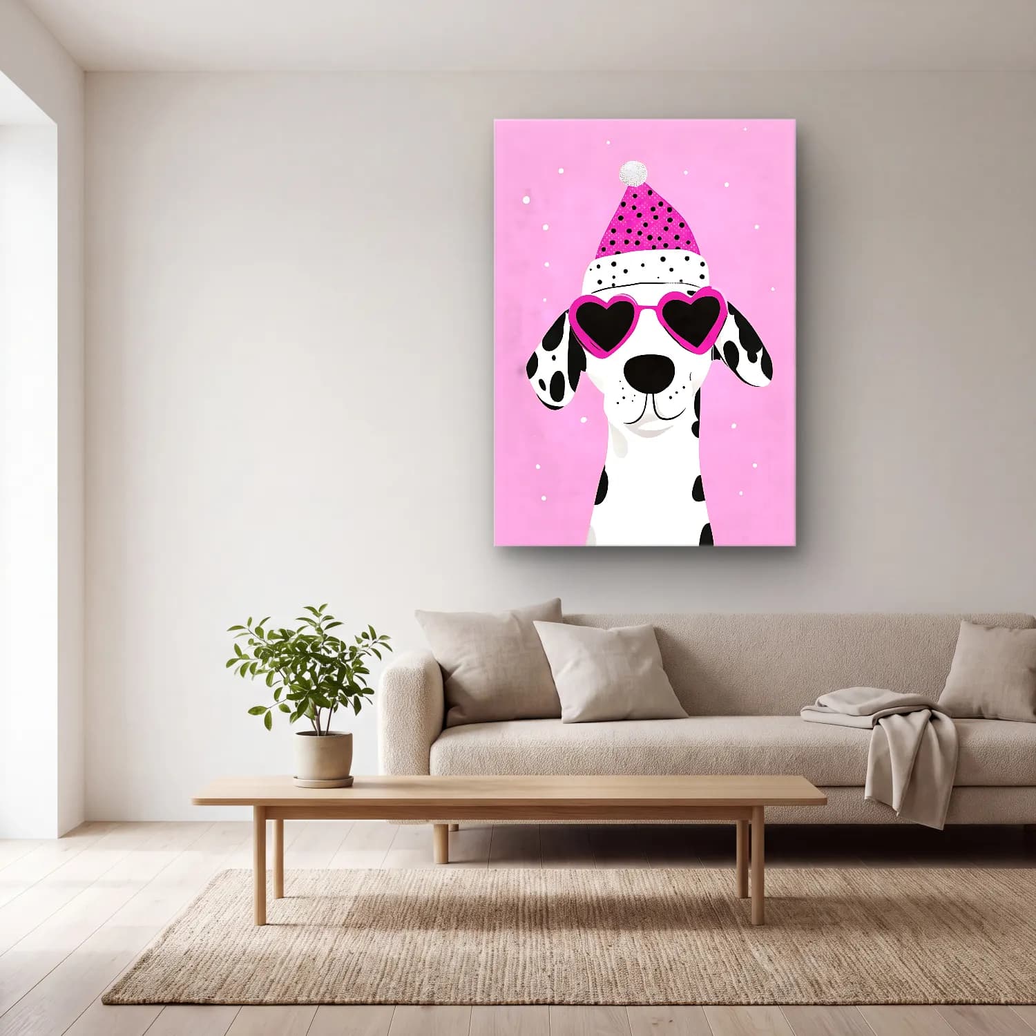 Sevimli İllüstrasyon Köpek No. 14 cam tablo — açık renk salonda