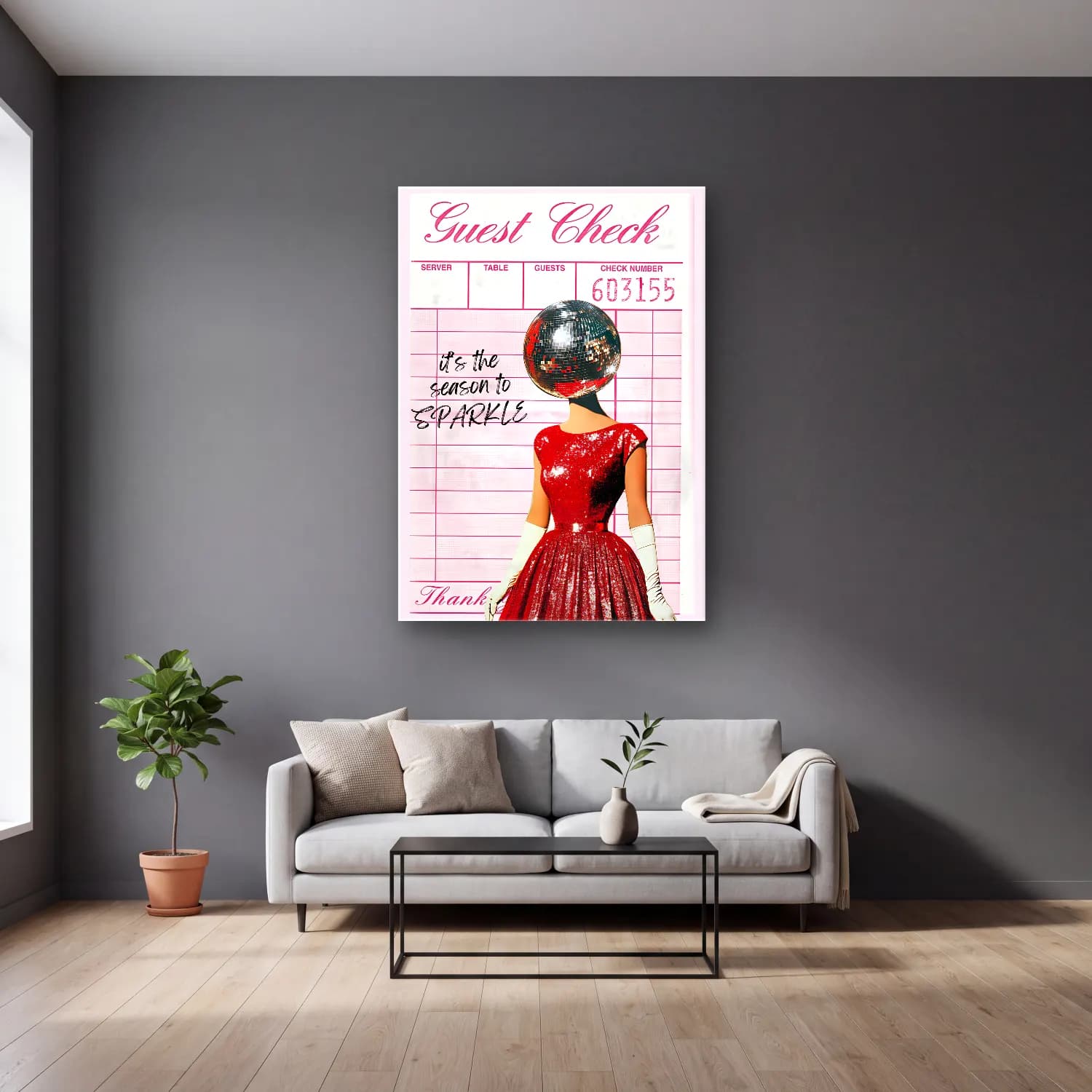 Vintage Poster Moda İllüstrasyonu No. 6 cam tablo — gri duvarlı salonda