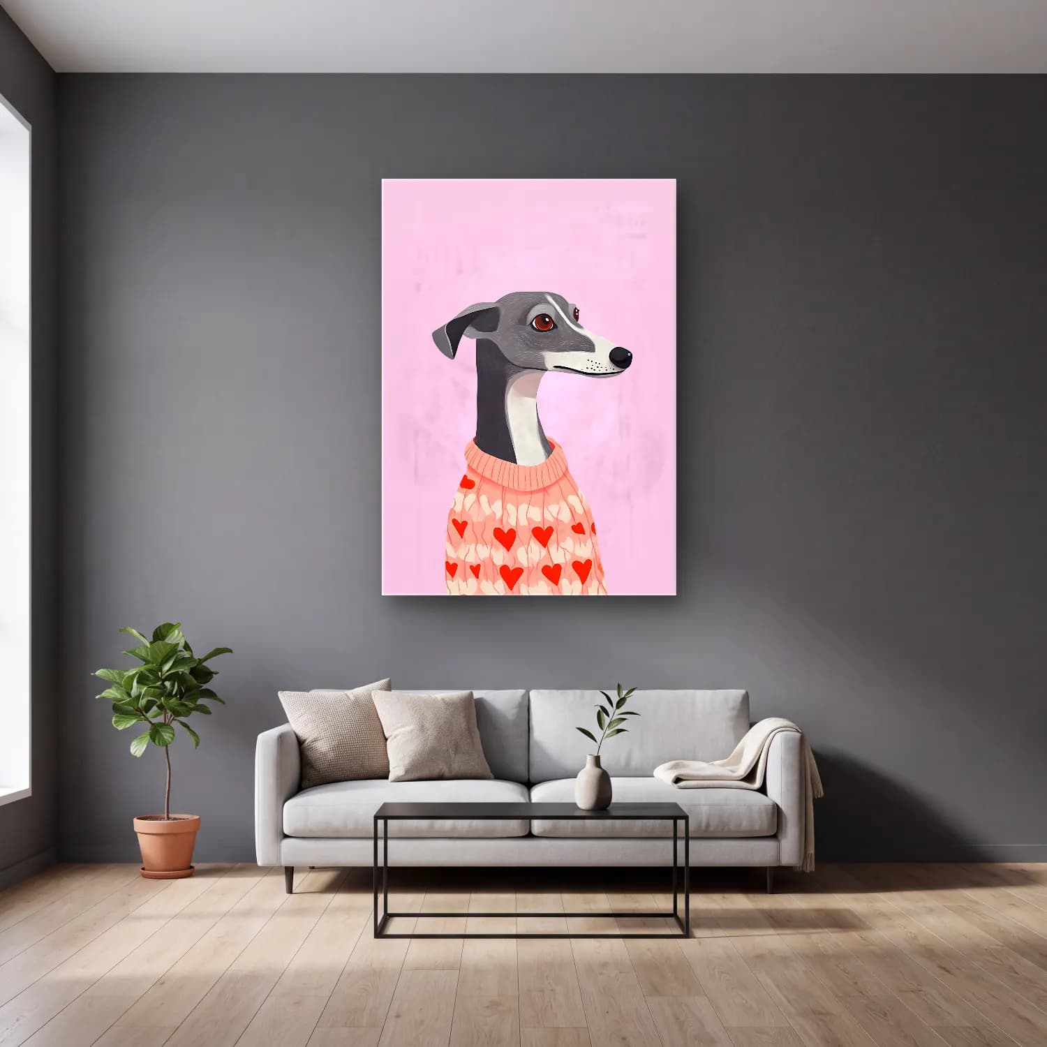 Sevimli İllüstrasyon Köpek No. 15 cam tablo — gri duvarlı salonda