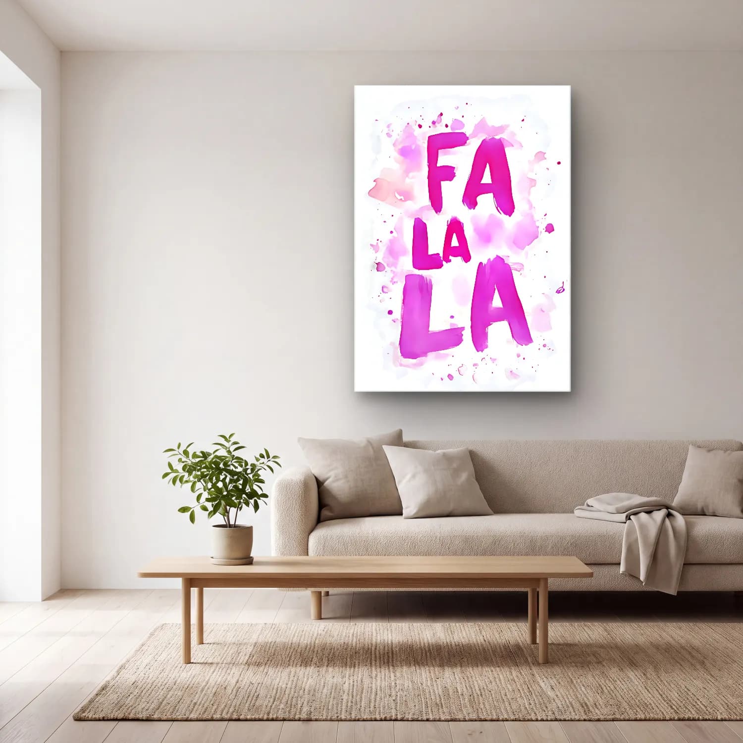 Pastel Yazılı Tasarım No. 84 cam tablo — açık renk salonda