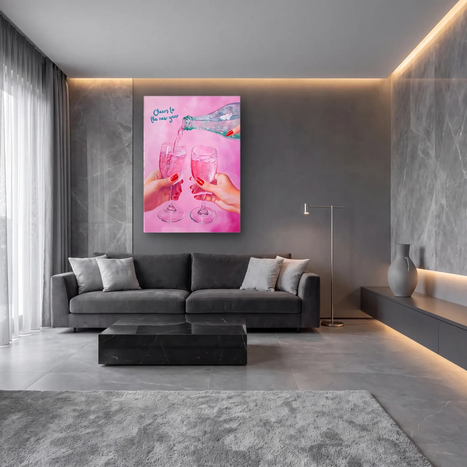Pastel Şampanya No. 8 cam tablo — lüks salon duvarında