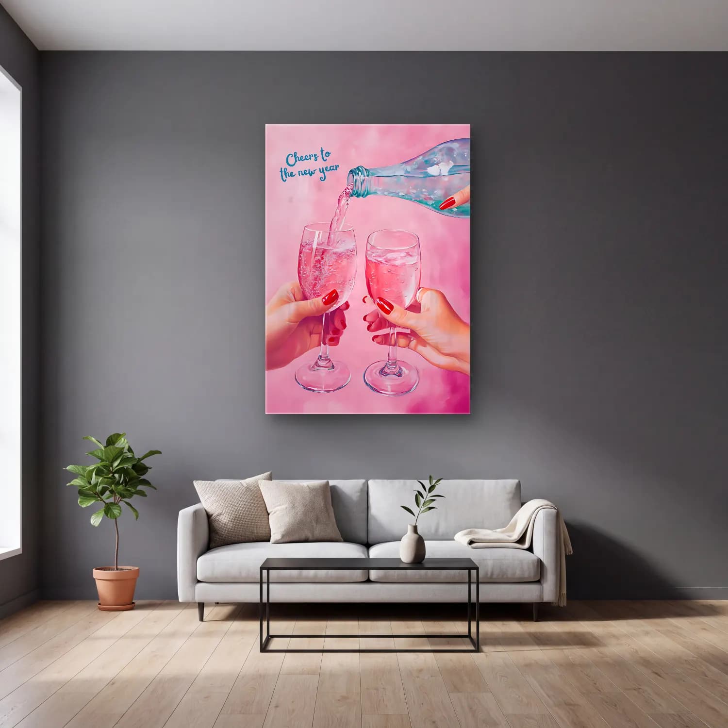 Pastel Şampanya No. 8 cam tablo — gri duvarlı salonda