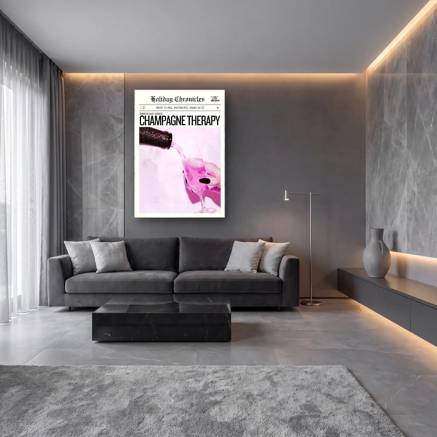 Pastel Şampanya No. 9 cam tablo — lüks salon duvarında