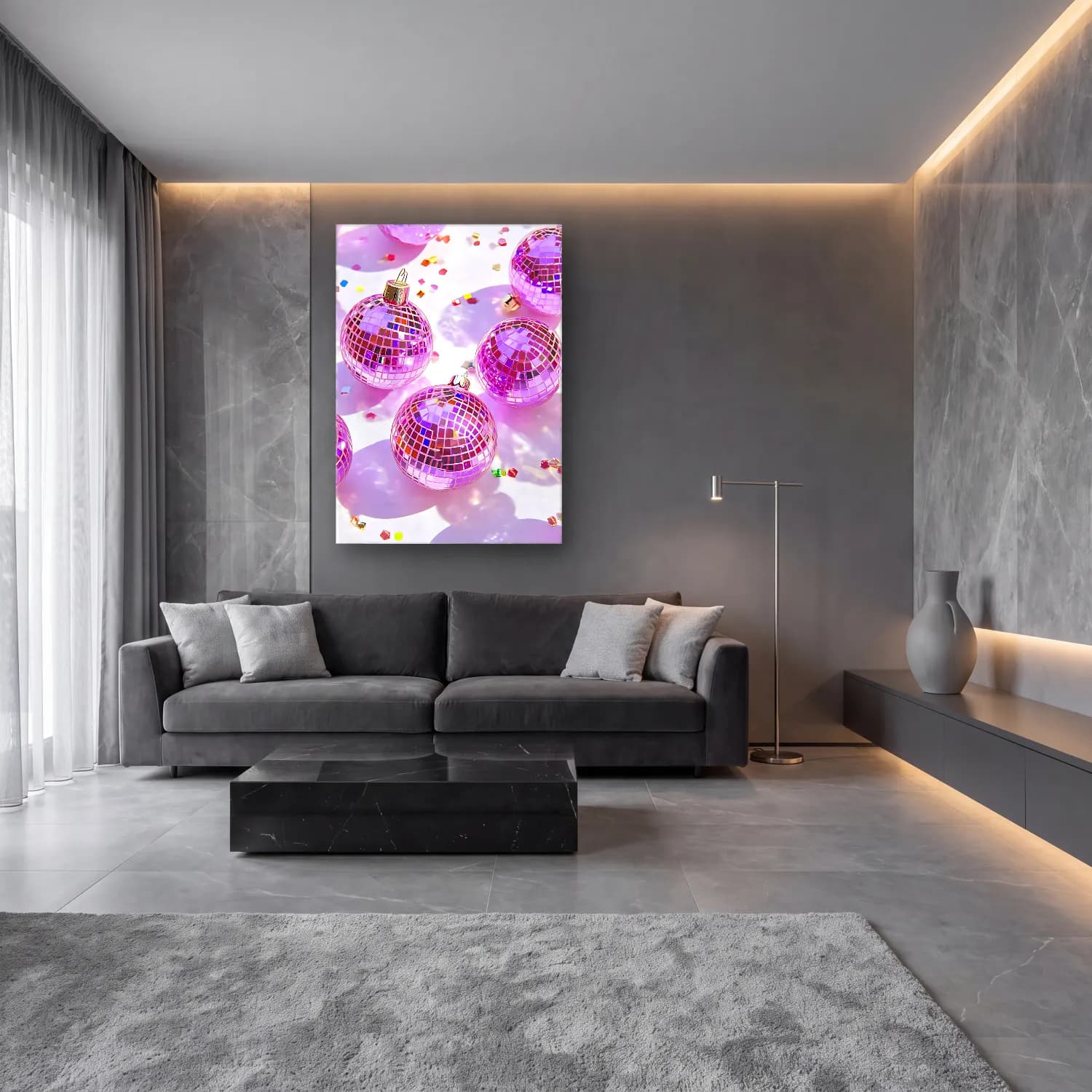 Pastel Yılbaşı Süsleri No. 49 cam tablo — lüks salon duvarında