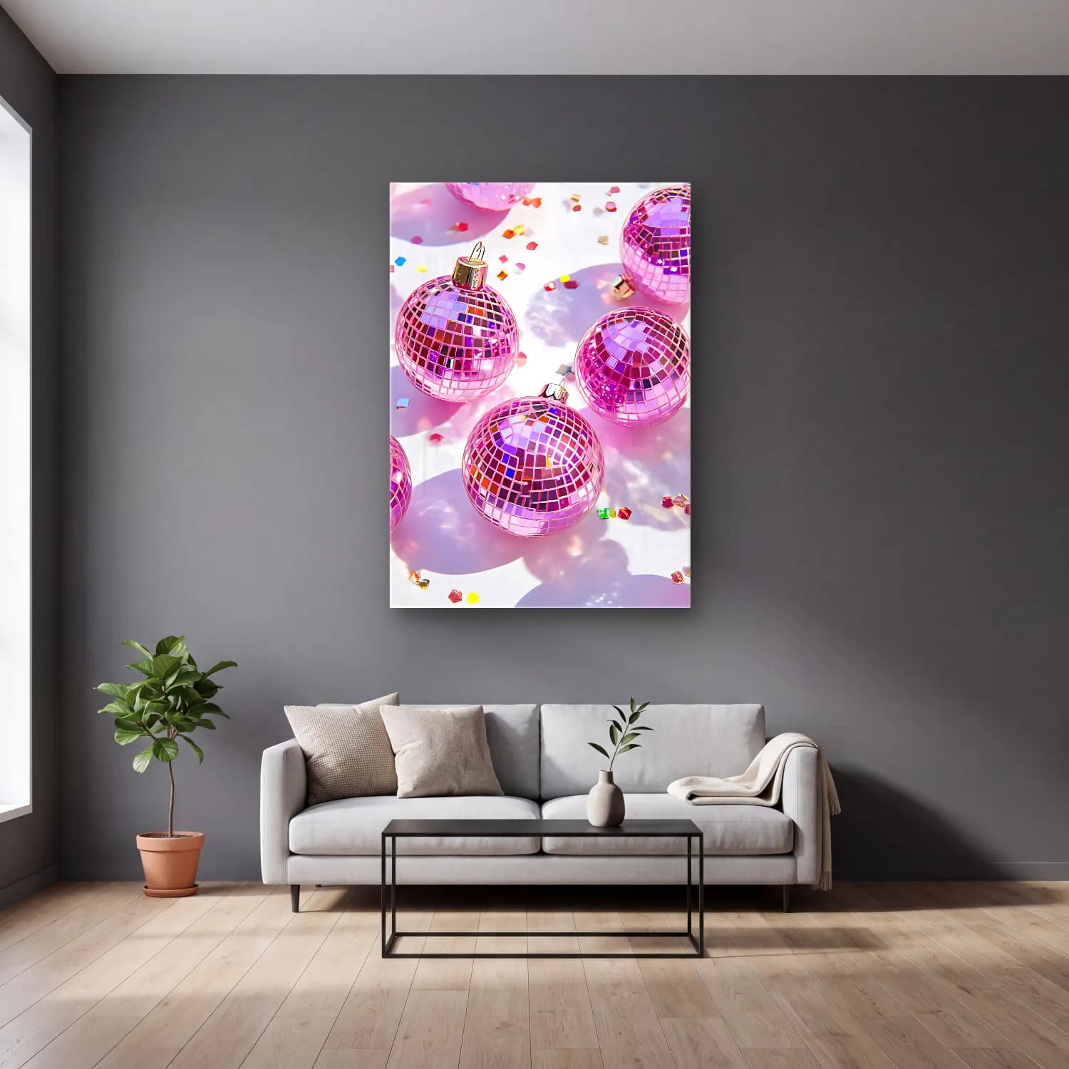 Pastel Yılbaşı Süsleri No. 49 cam tablo — gri duvarlı salonda