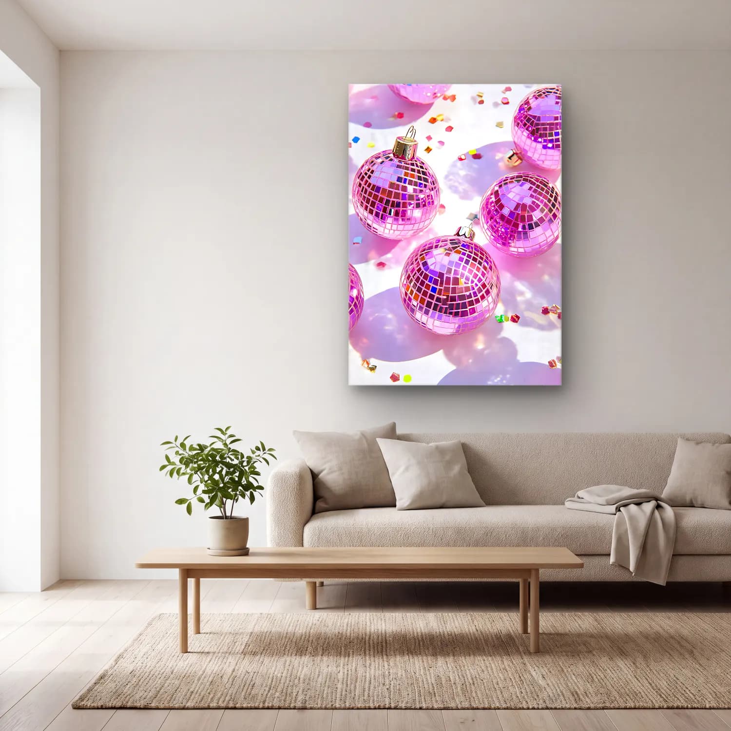 Pastel Yılbaşı Süsleri No. 49 cam tablo — açık renk salonda