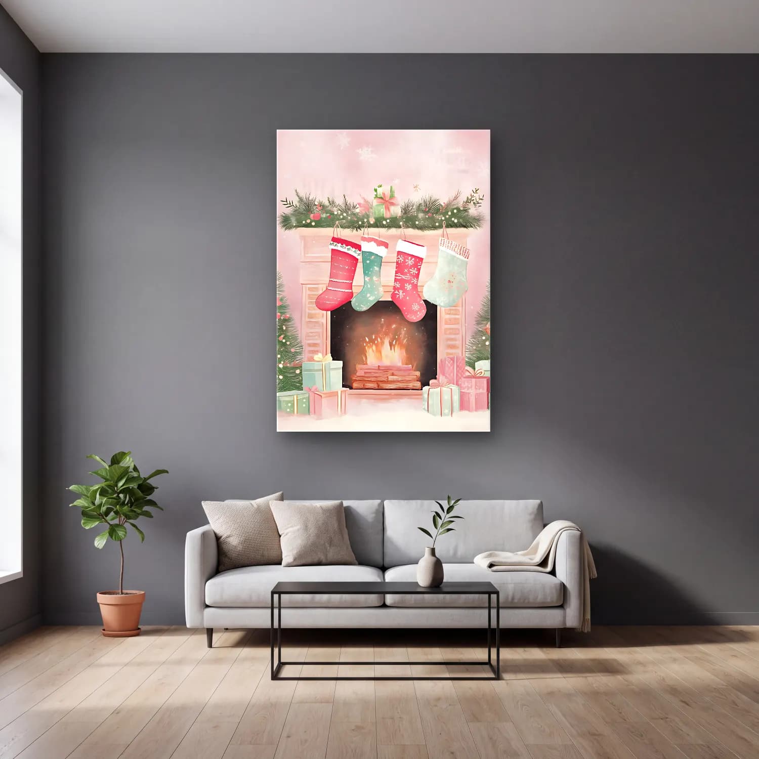 Pastel Hediye Paketleri No. 17 cam tablo — gri duvarlı salonda