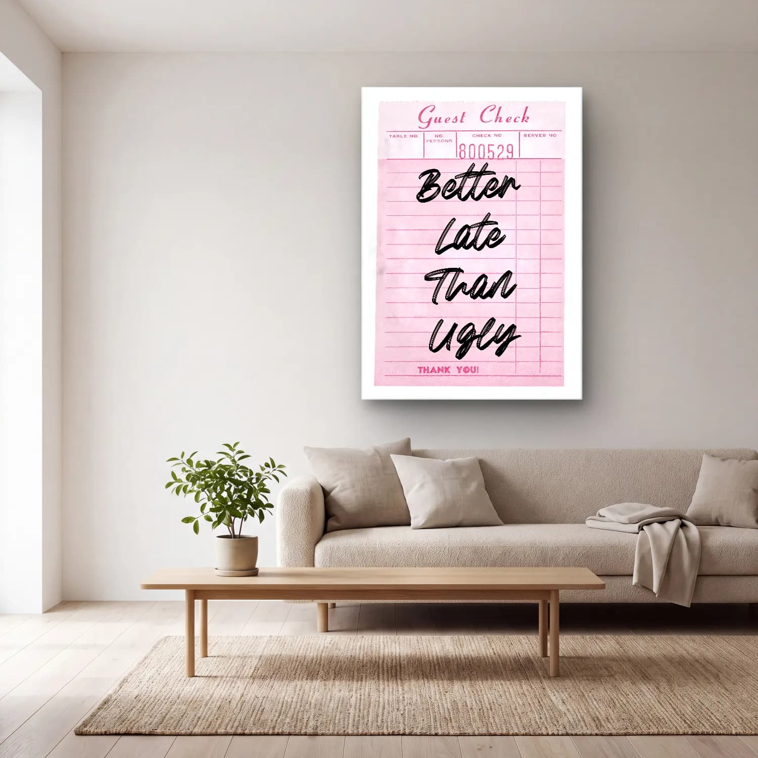 Pastel Yazılı Tasarım No. 85 cam tablo — açık renk salonda
