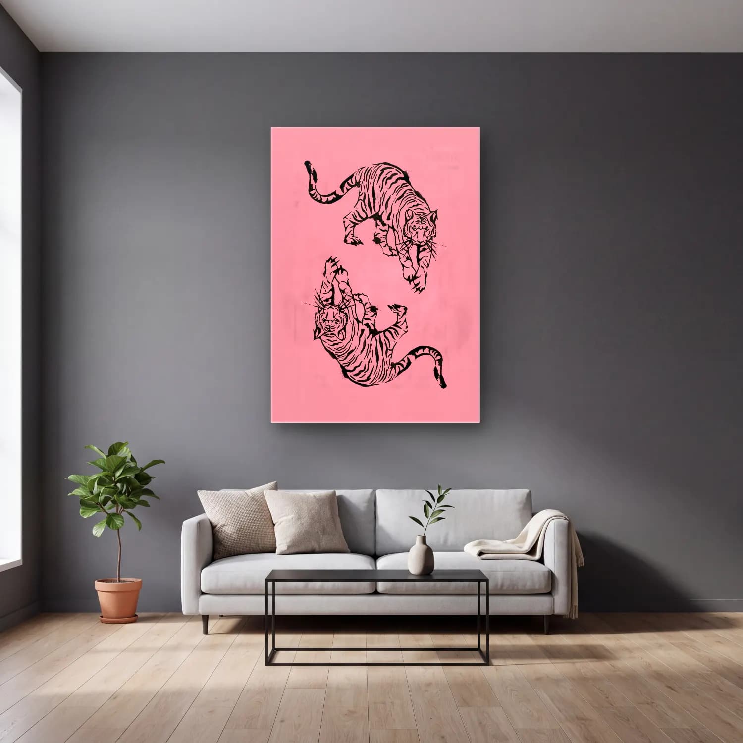 Pastel Kaplan No. 17 cam tablo — gri duvarlı salonda