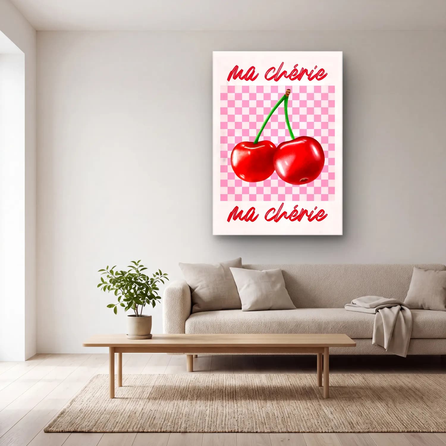 Vintage Poster Kirazlar No. 7 cam tablo — açık renk salonda
