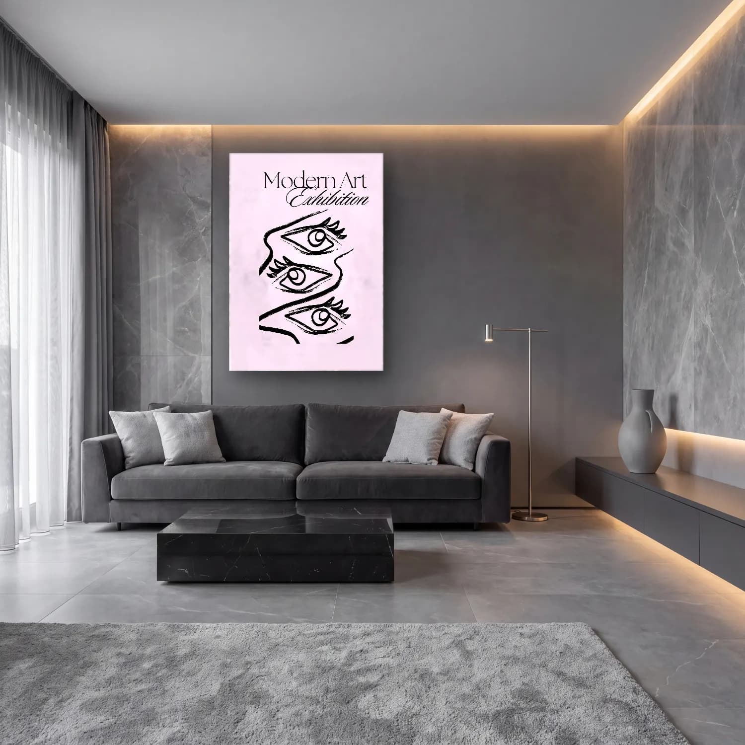 Pastel Çizgi Yüz No. 2 cam tablo — lüks salon duvarında