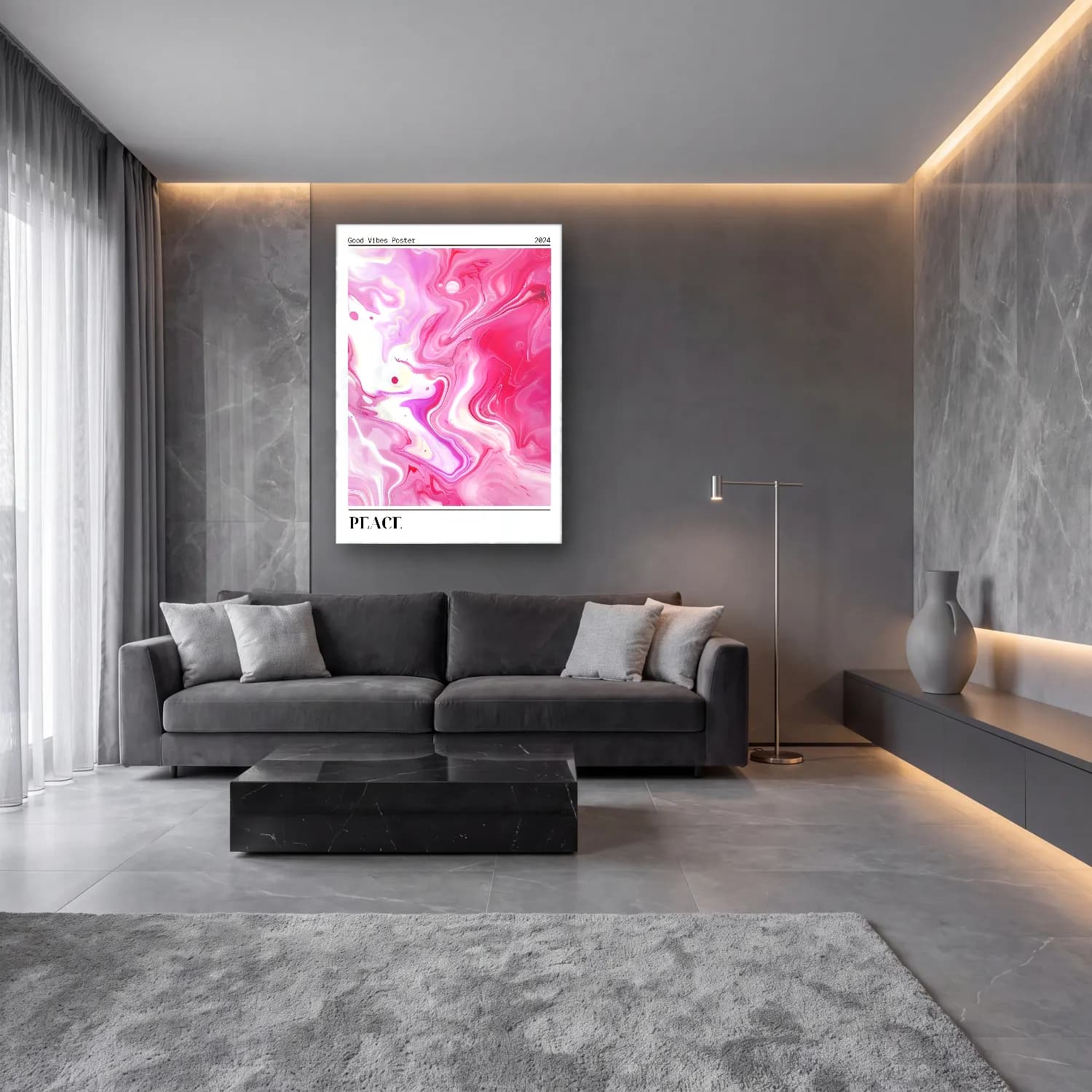 Pastel Mermer Doku No. 26 cam tablo — lüks salon duvarında