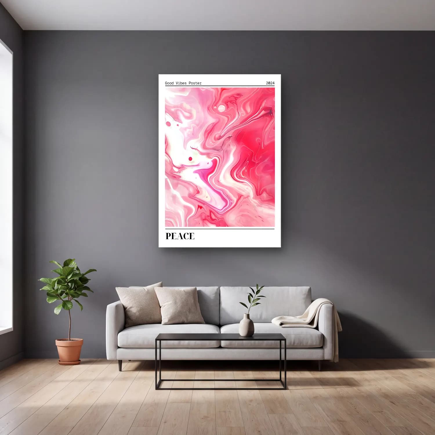Pastel Mermer Doku No. 26 cam tablo — gri duvarlı salonda