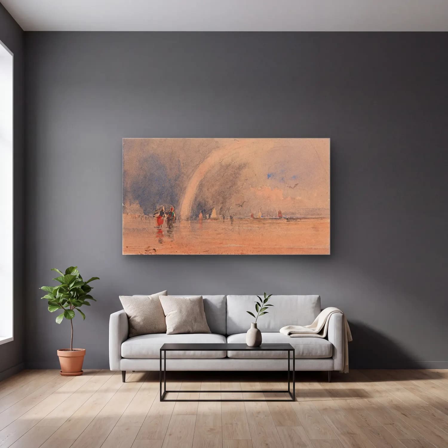 David Cox – Morecambe Sands (second half of 1830s) cam tablo — gri duvarlı salonda