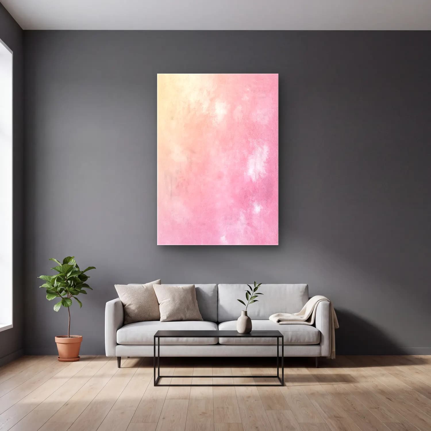 Pastel Renk Alanları No. 63 cam tablo — gri duvarlı salonda
