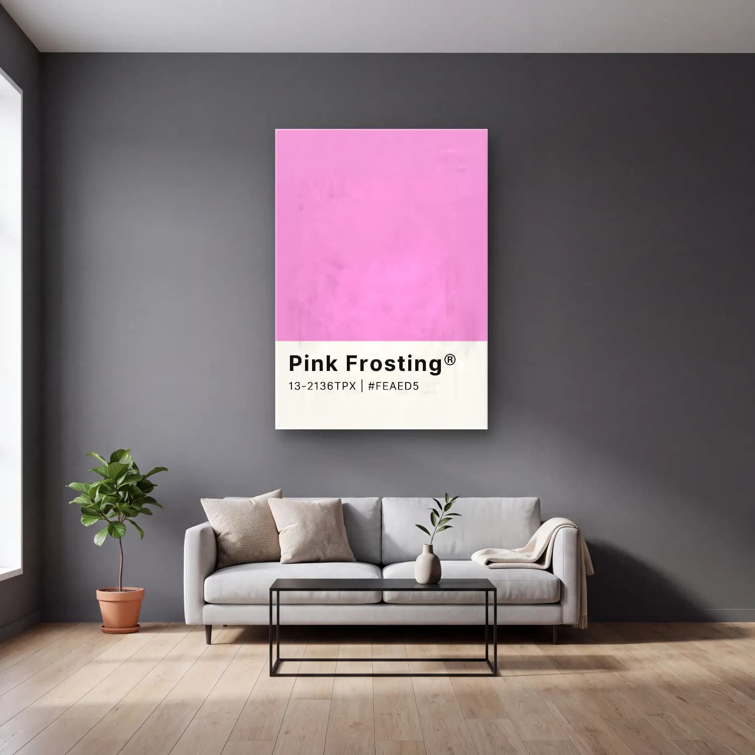 Pastel Renk Alanları No. 64 cam tablo — gri duvarlı salonda
