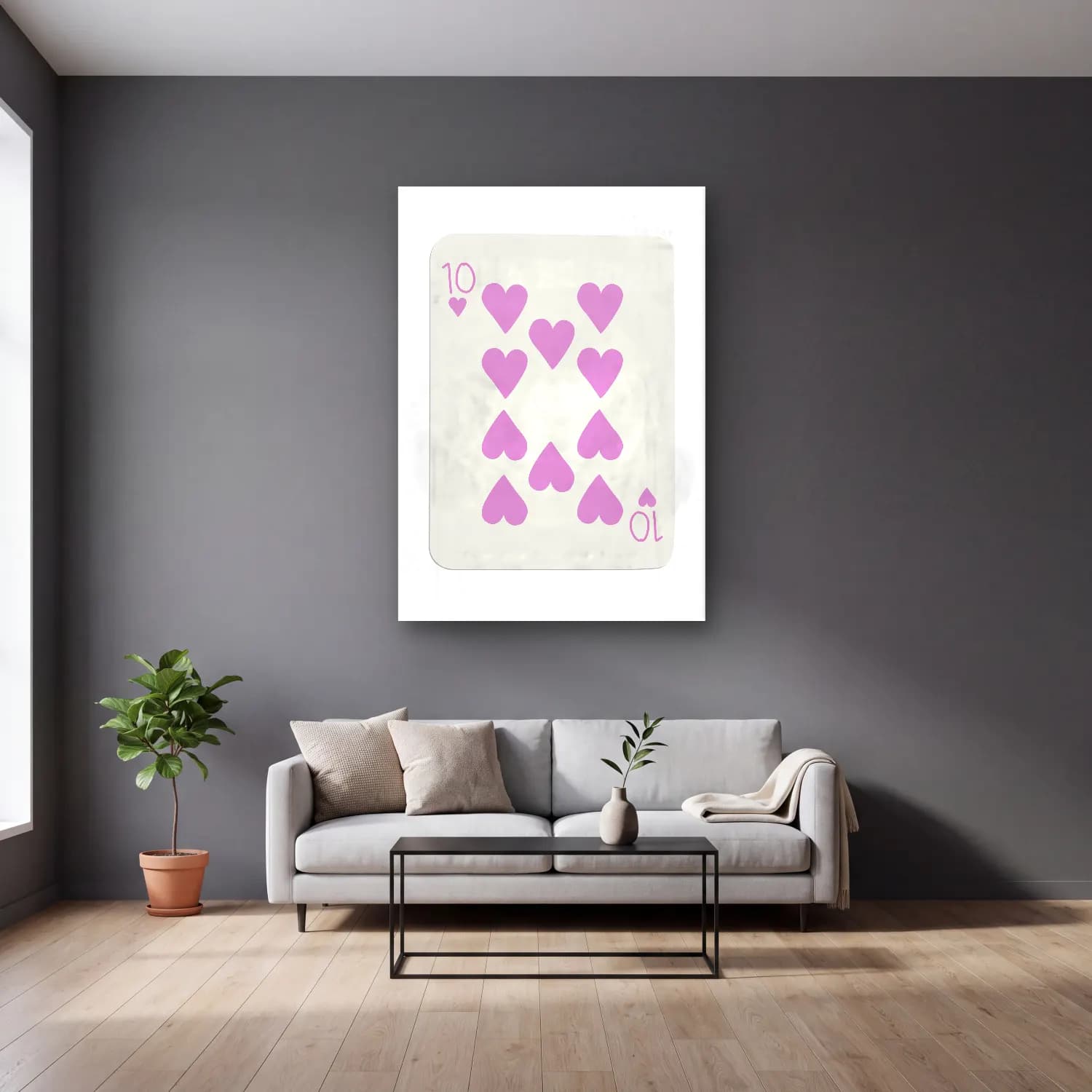 Pastel Rakamlar No. 14 cam tablo — gri duvarlı salonda