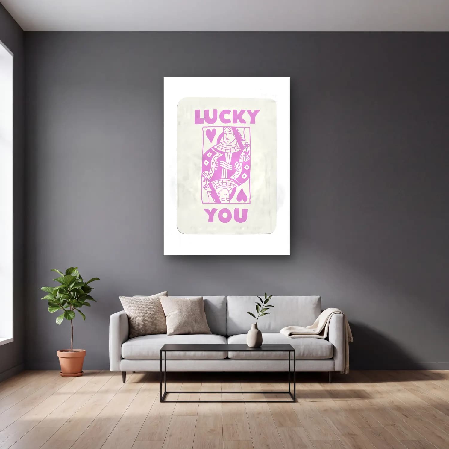 Pastel Söz Posteri No. 60 cam tablo — gri duvarlı salonda