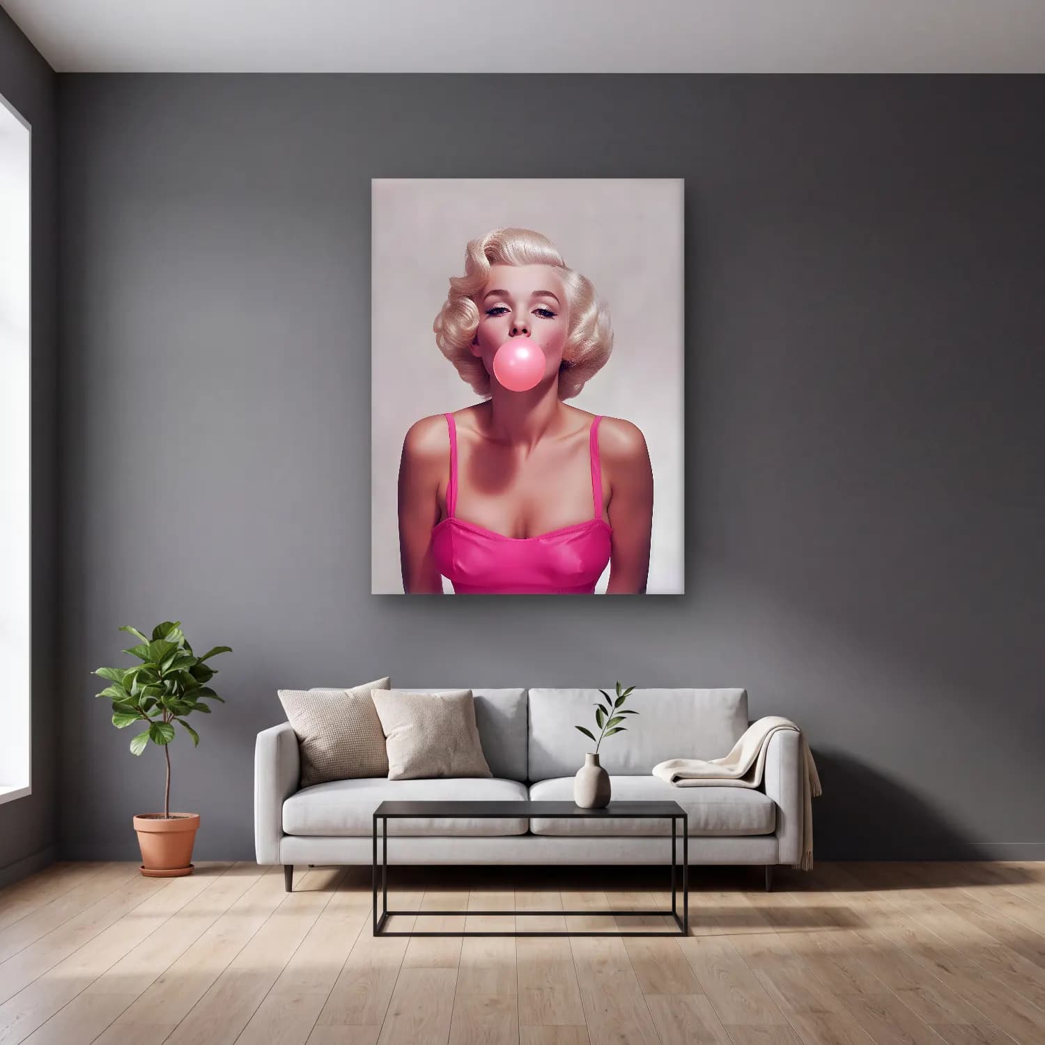 Pop Art Moda İllüstrasyonu No. 10 cam tablo — gri duvarlı salonda