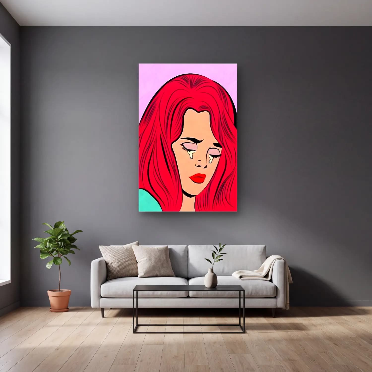 Pop Art Moda İllüstrasyonu No. 13 cam tablo — gri duvarlı salonda