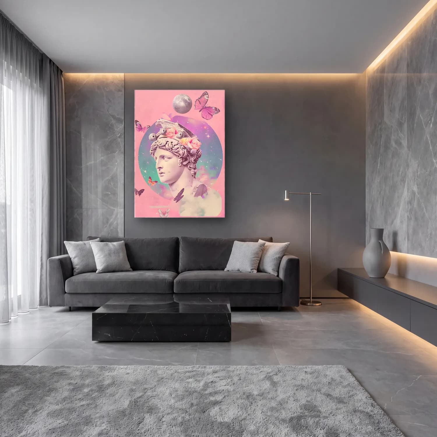 Pastel Mitolojik Sahne No. 7 cam tablo — lüks salon duvarında