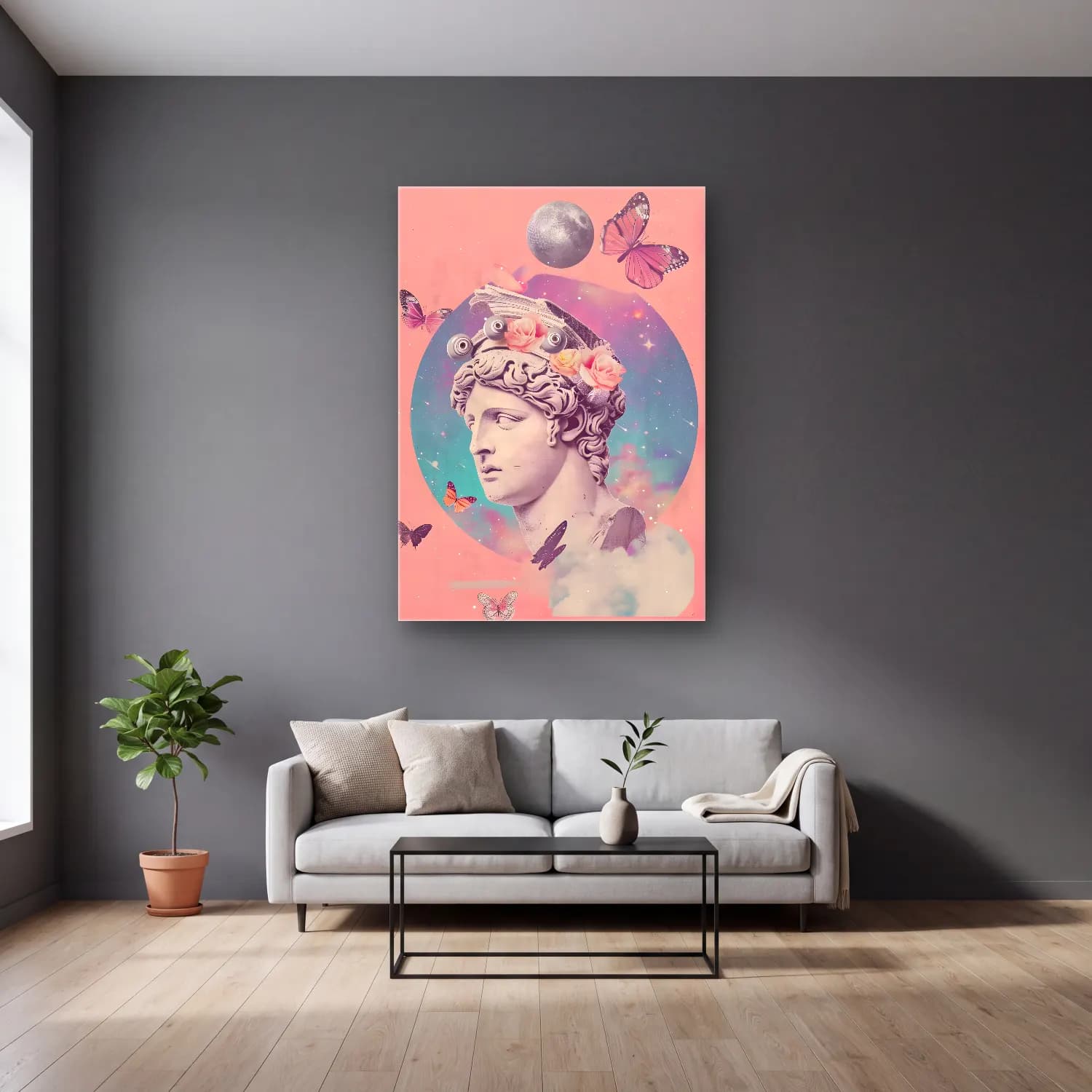 Pastel Mitolojik Sahne No. 7 cam tablo — gri duvarlı salonda