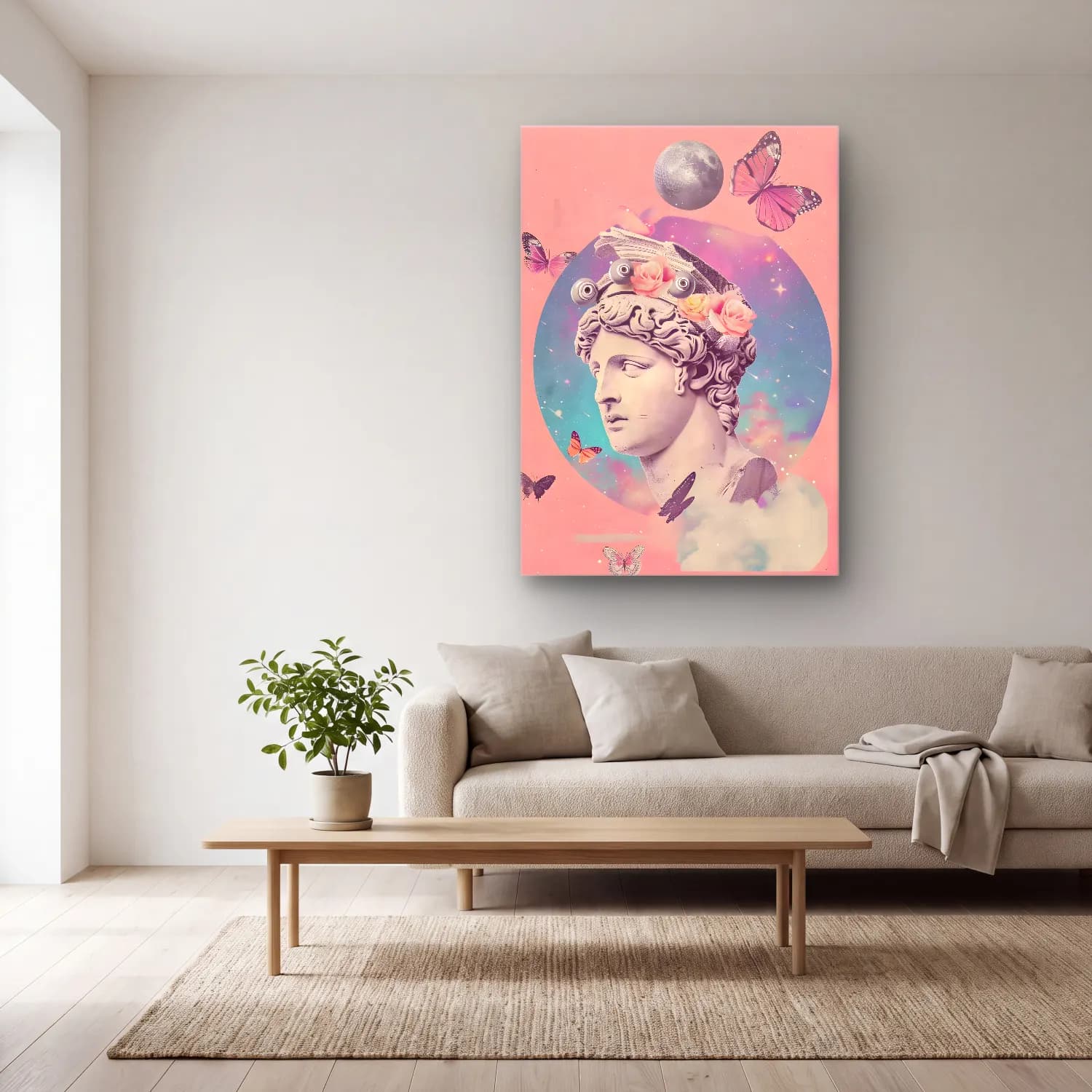 Pastel Mitolojik Sahne No. 7 cam tablo — açık renk salonda