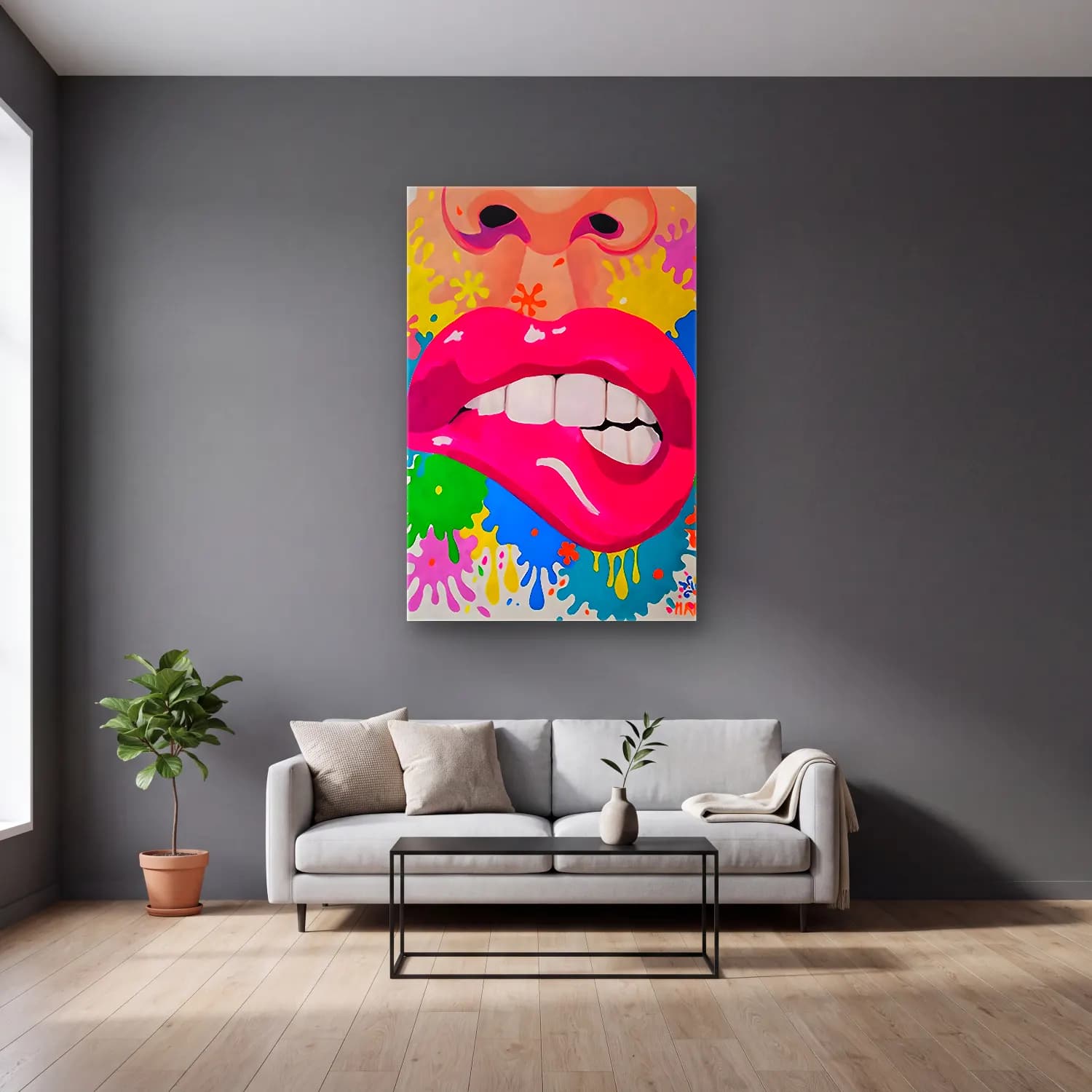 Pop Art Soyut Yüz No. 7 cam tablo — gri duvarlı salonda