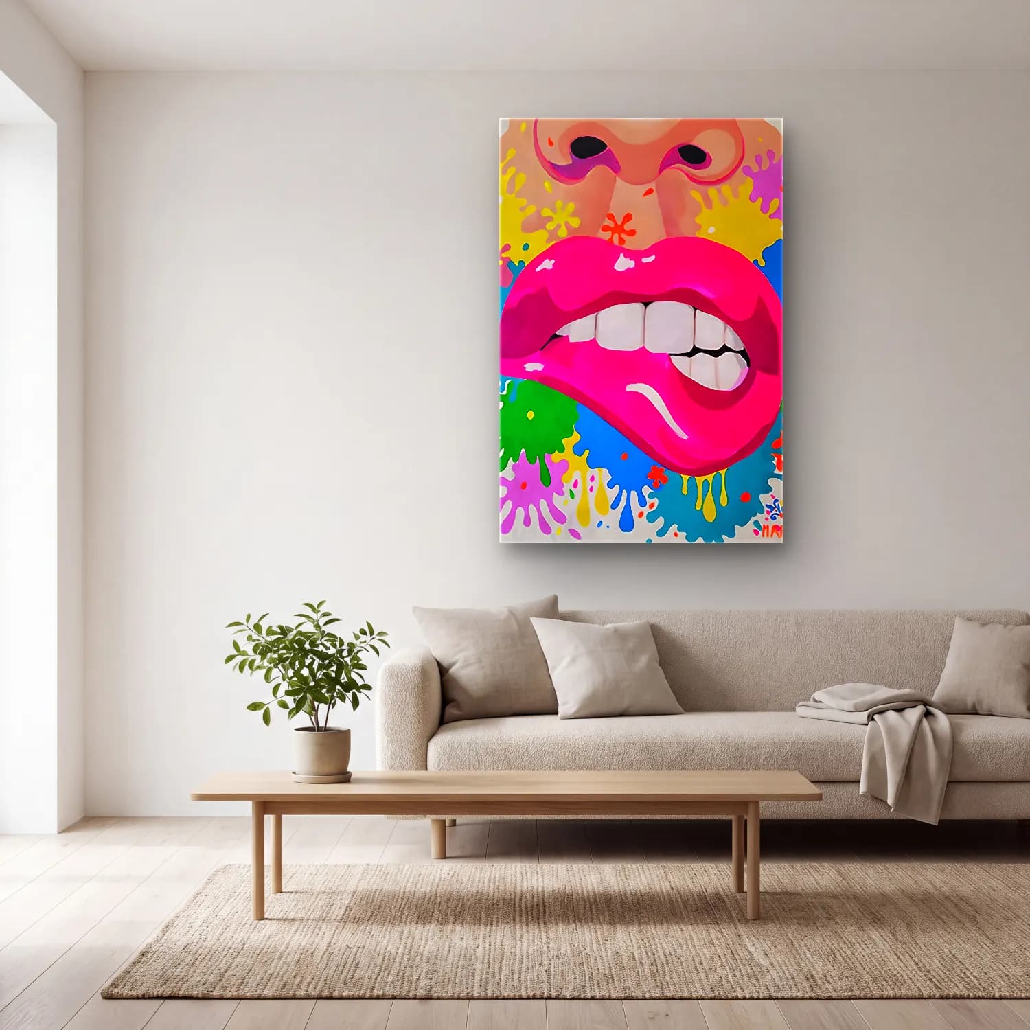 Pop Art Soyut Yüz No. 7 cam tablo — açık renk salonda