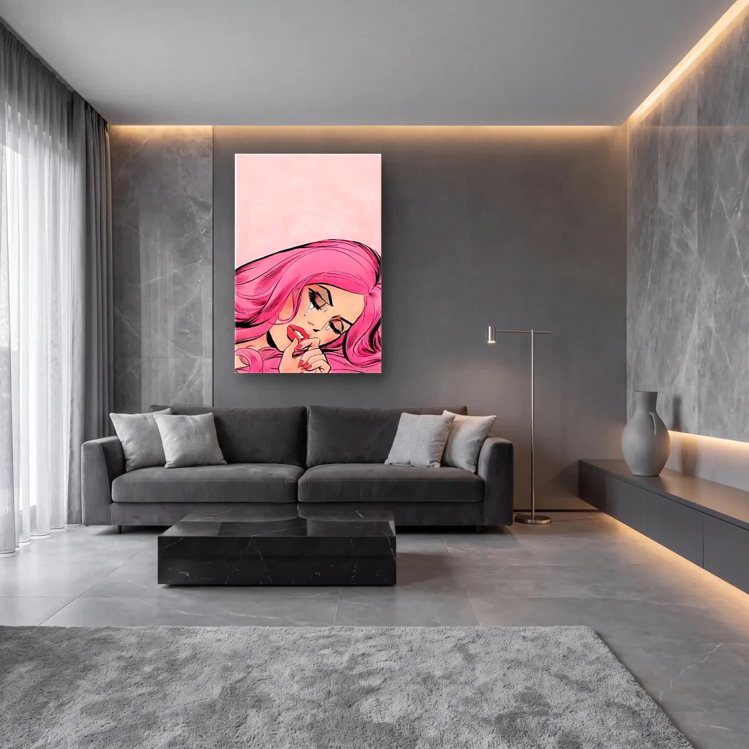 Pop Art Moda İllüstrasyonu No. 15 cam tablo — lüks salon duvarında