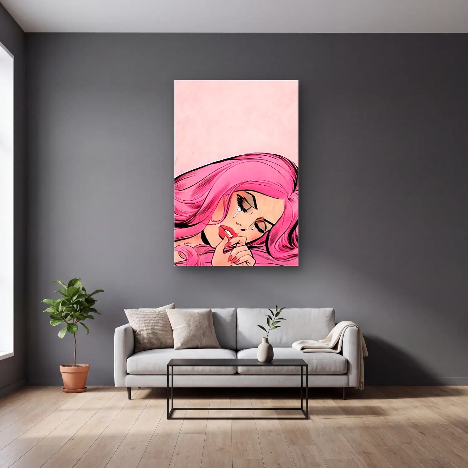 Pop Art Moda İllüstrasyonu No. 15 cam tablo — gri duvarlı salonda